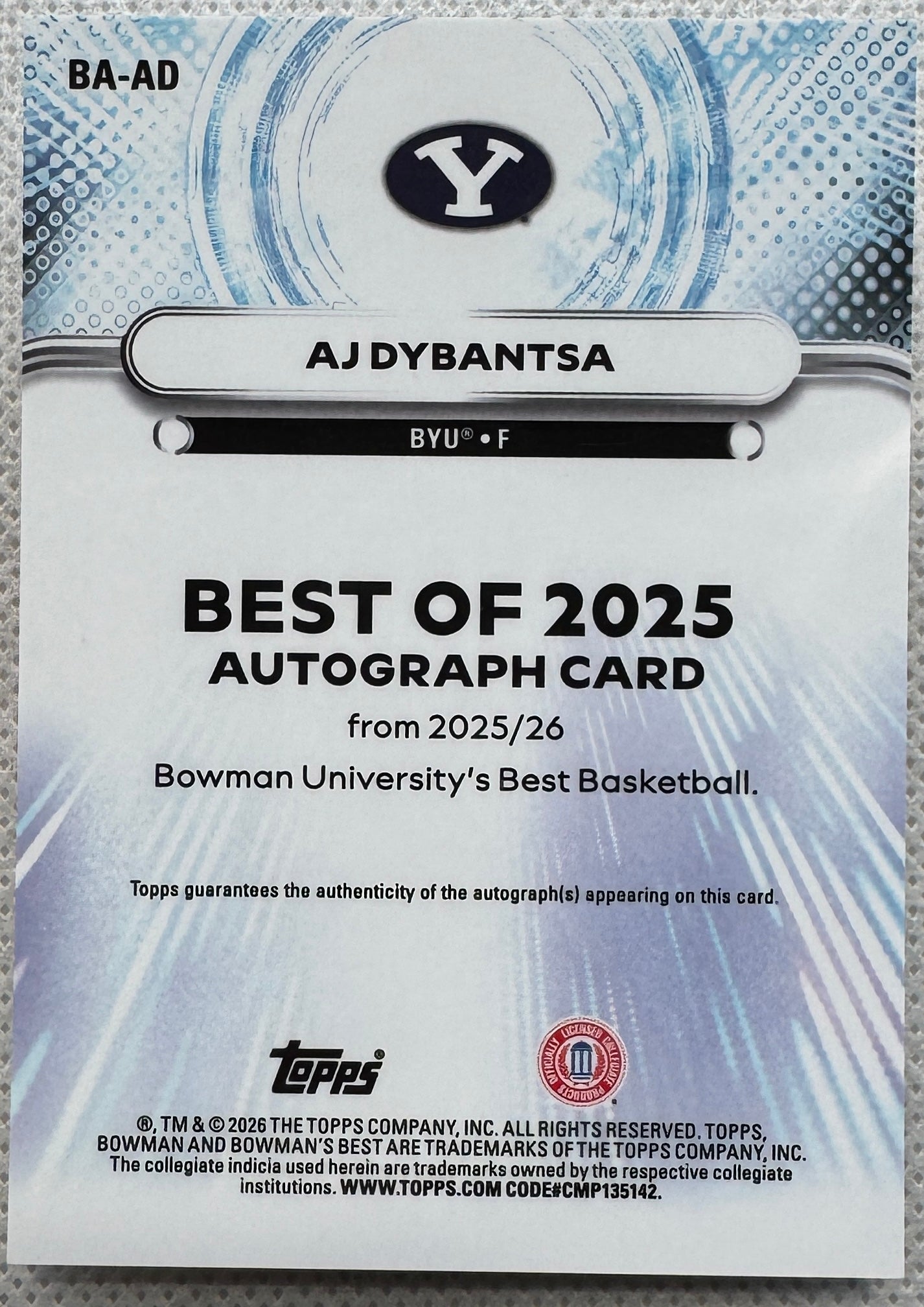 2025/26 Bowman University's Best AJ Dybantsa The Best of 2025 Gold /50