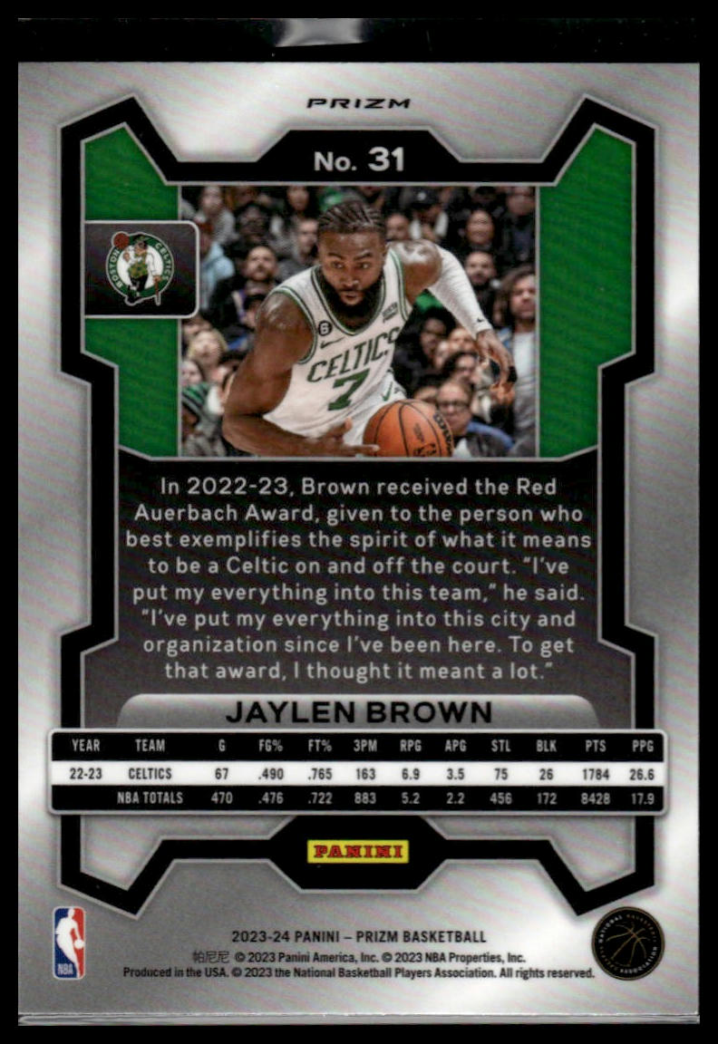 2023-24 Panini Prizm #31 Jaylen Brown Prizms Choice Blue Yellow and Green