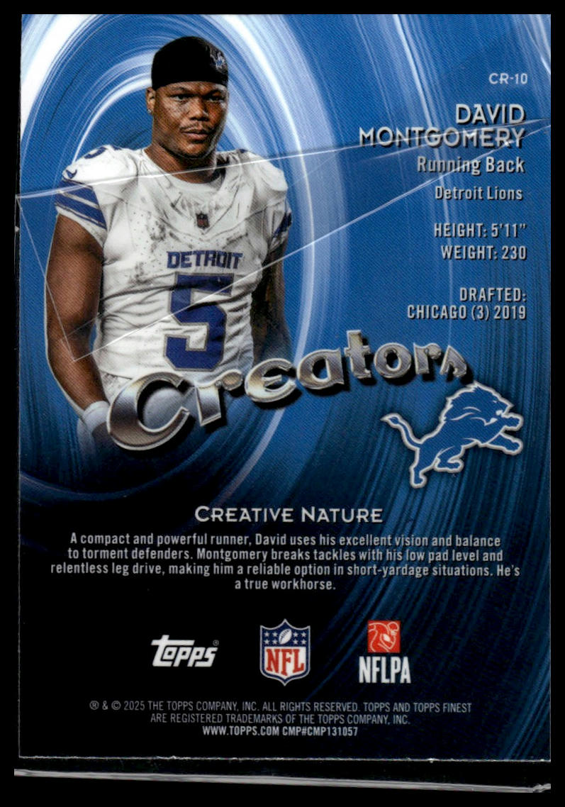 2025 Finest #CR-10 David Montgomery Creators Purple Refractor #/125