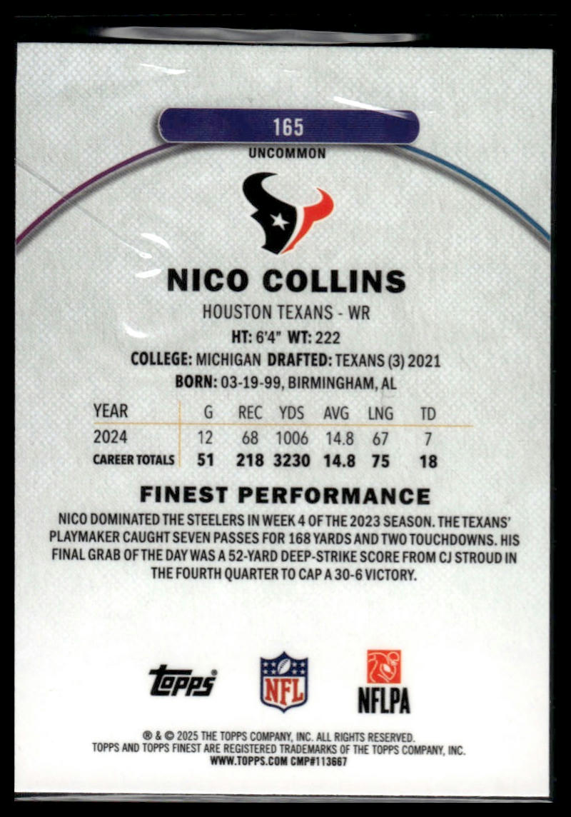 2025 Finest #165 Nico Collins Blue Refractor #/150