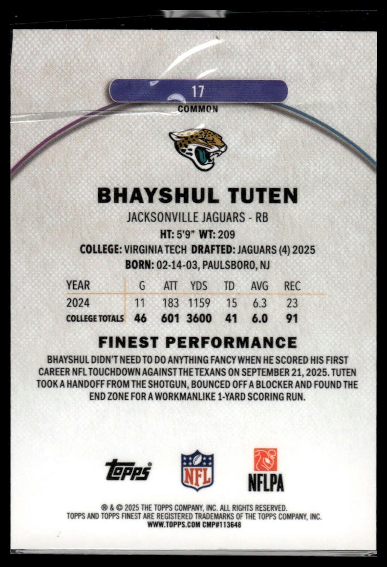 2025 Finest #17 Bhayshul Tuten Purple Geometric Refractor #/150