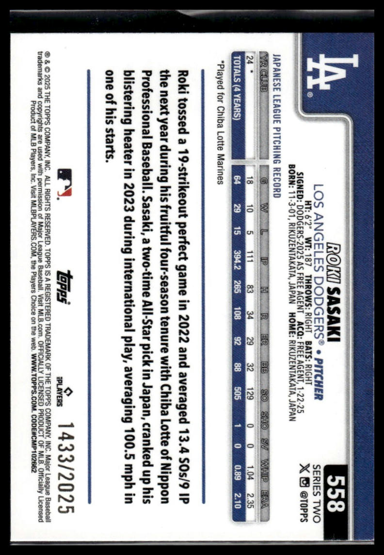2025 Topps #558 Roki Sasaki Gold #/2025