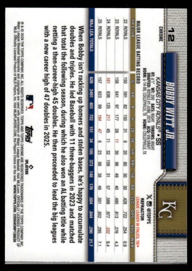 2026 Topps Chrome #12 Bobby Witt Jr. Refractors