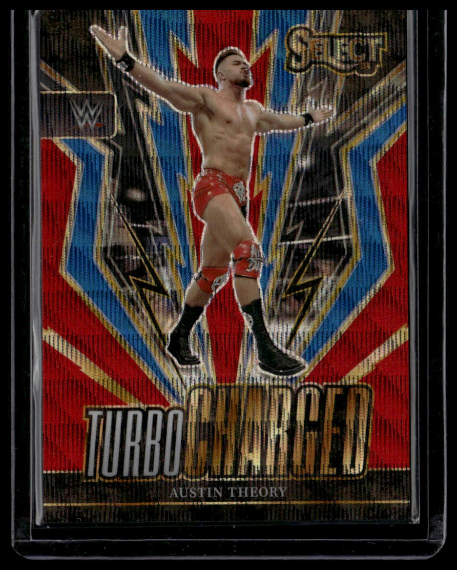 2024 Panini Select WWE #29 Austin Theory Turbo Charged Red Wave Prizms #/149