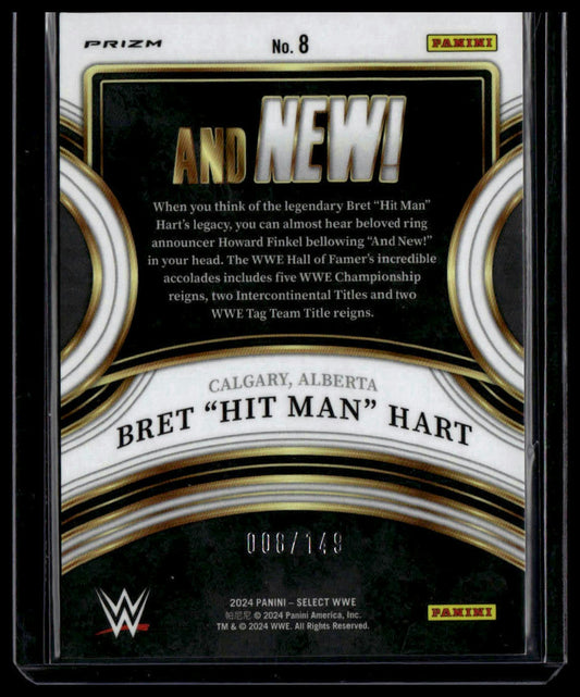 2024 Panini Select WWE #8 Bret “Hit Man” Hart And NEW! Red Wave Prizms #/149