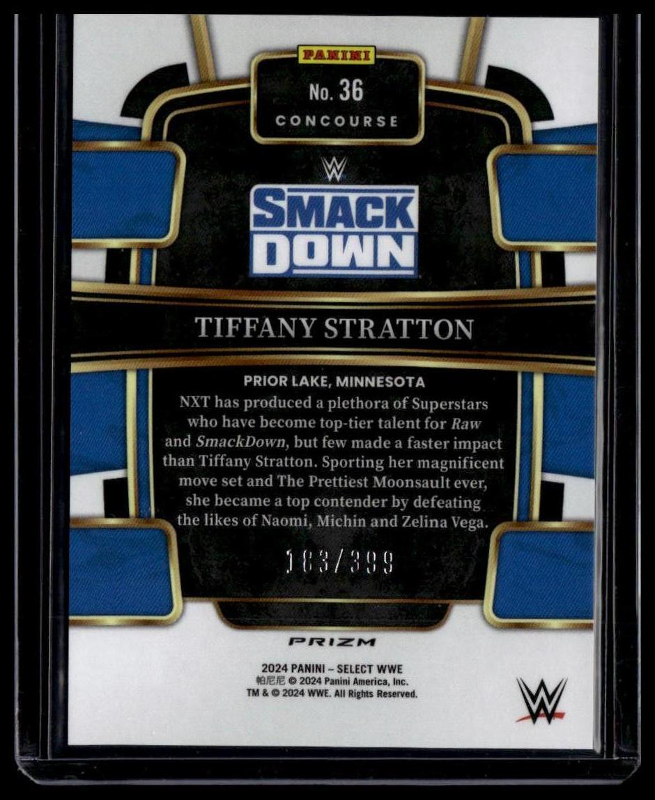 2024 Panini Select WWE #36 Tiffany Stratton Black and Blue Prizms #/399