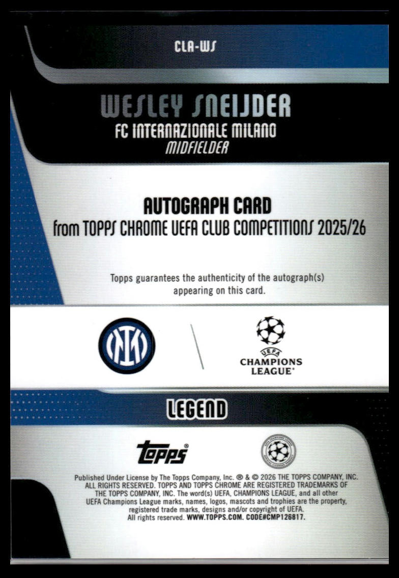 2025-26 Topps Chrome UEFA Wesley Sneijder Legends Auto Green Refractor /99
