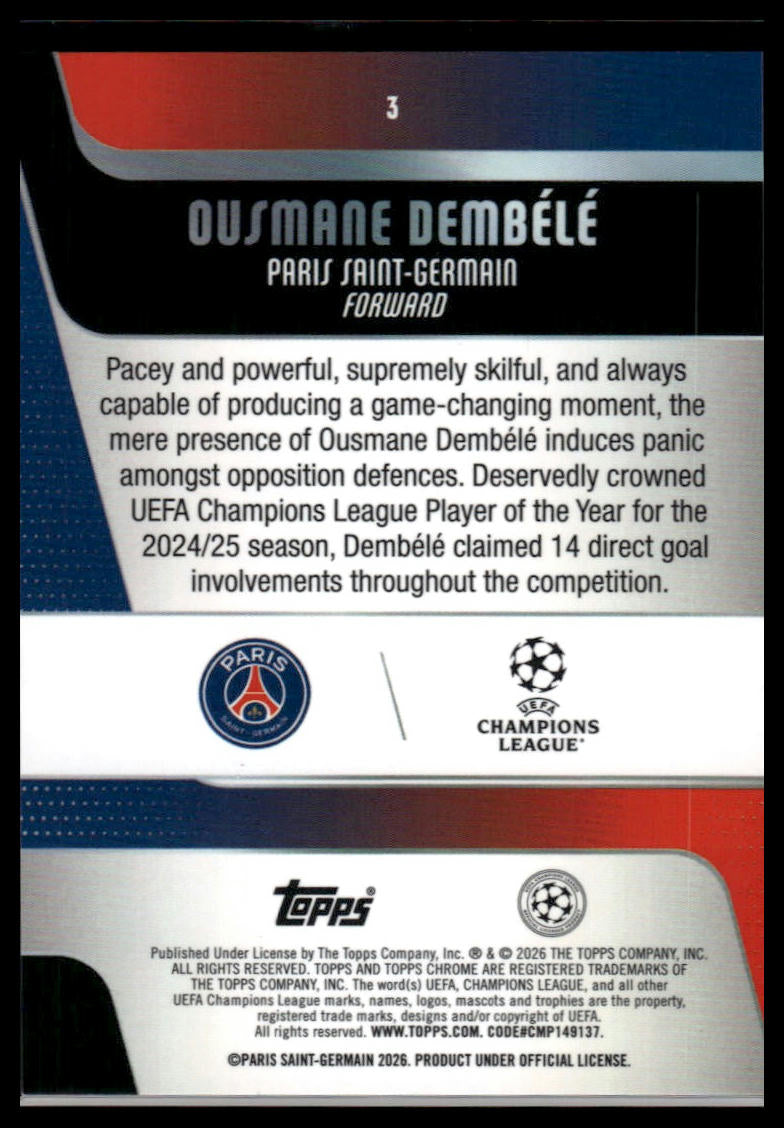 2025-26 Topps Chrome UEFA Club Competitions #3 Ousmane Dembélé Big Apple