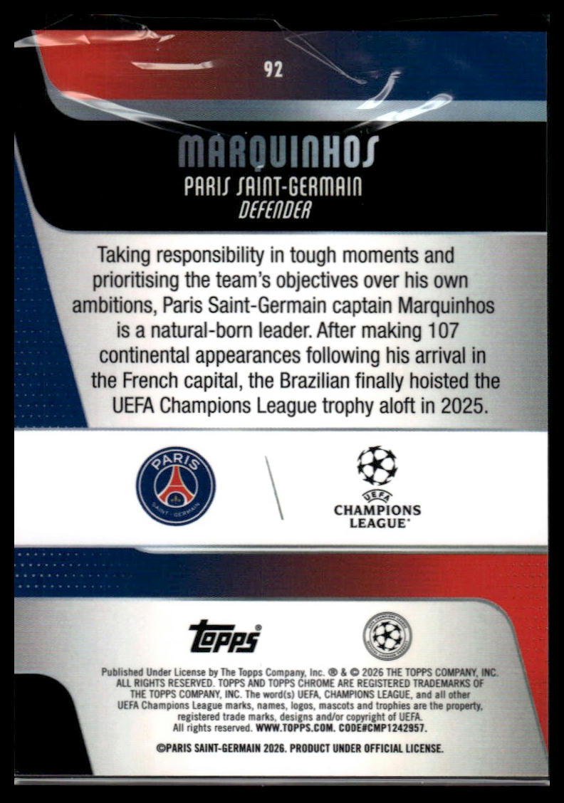 2025-26 Topps Chrome UEFA Club Competitions #92 Marquinhos Blue Refractor #/150