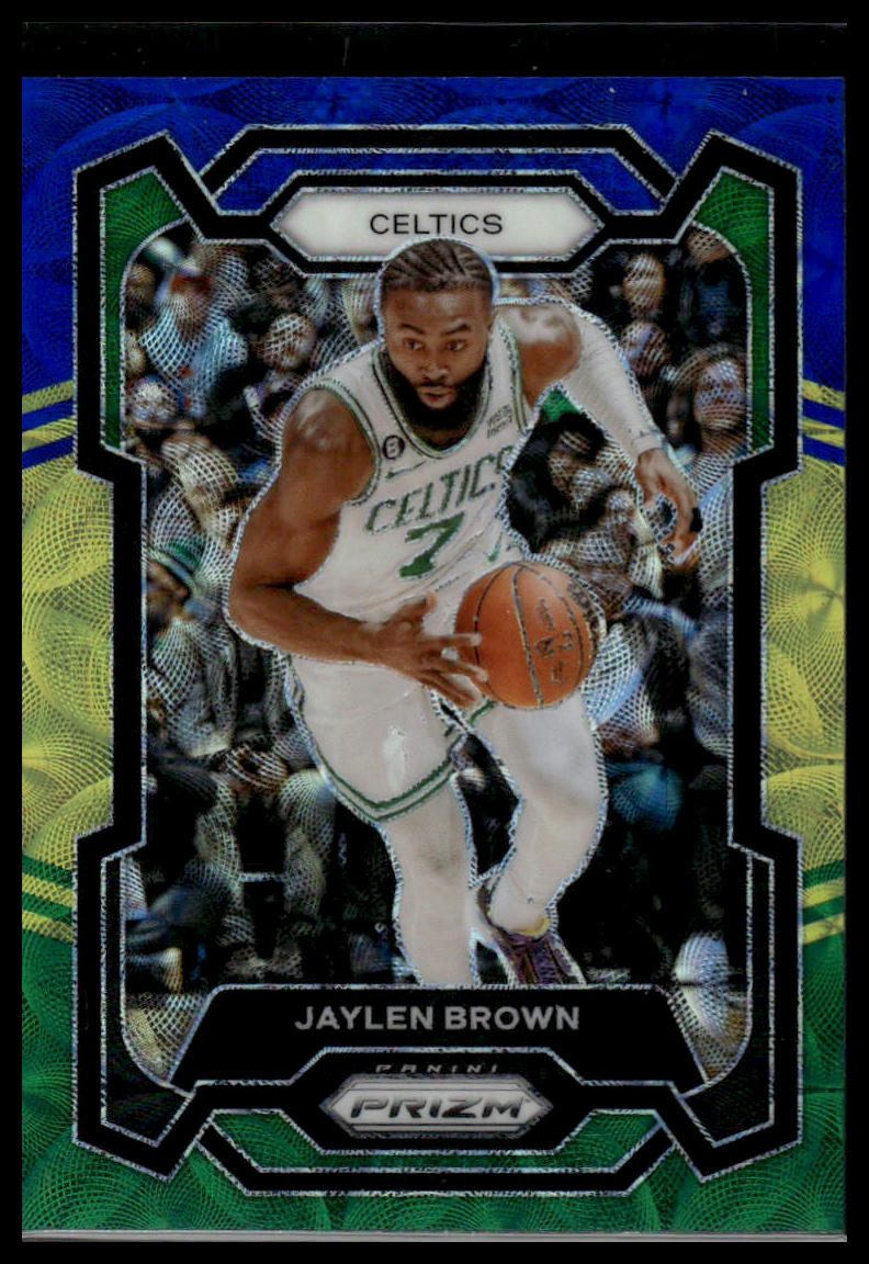2023-24 Panini Prizm #31 Jaylen Brown Prizms Choice Blue Yellow and Green