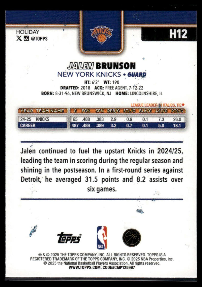 2025-26 Topps Holiday #H12 Jalen Brunson Blue Metallic Glitter Holiday