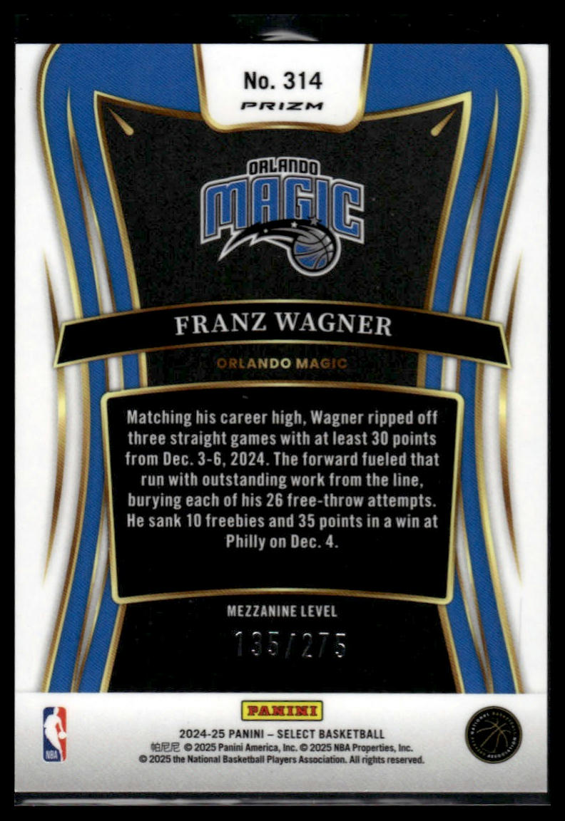 2024-25 Panini Select #314 Franz Wagner Orange Cracked Ice Prizm #/275