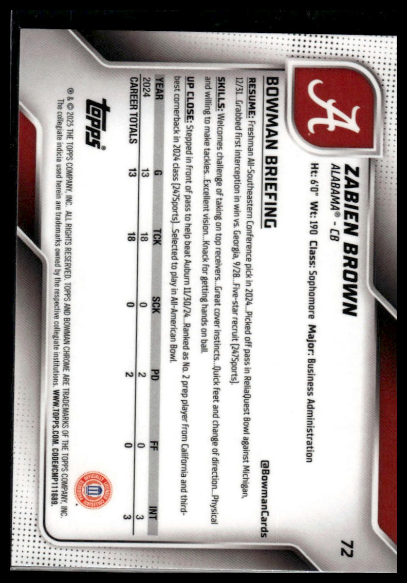 2025 Bowman University Chrome #72 Zabien Brown Purple Shimmer Refractor #/75
