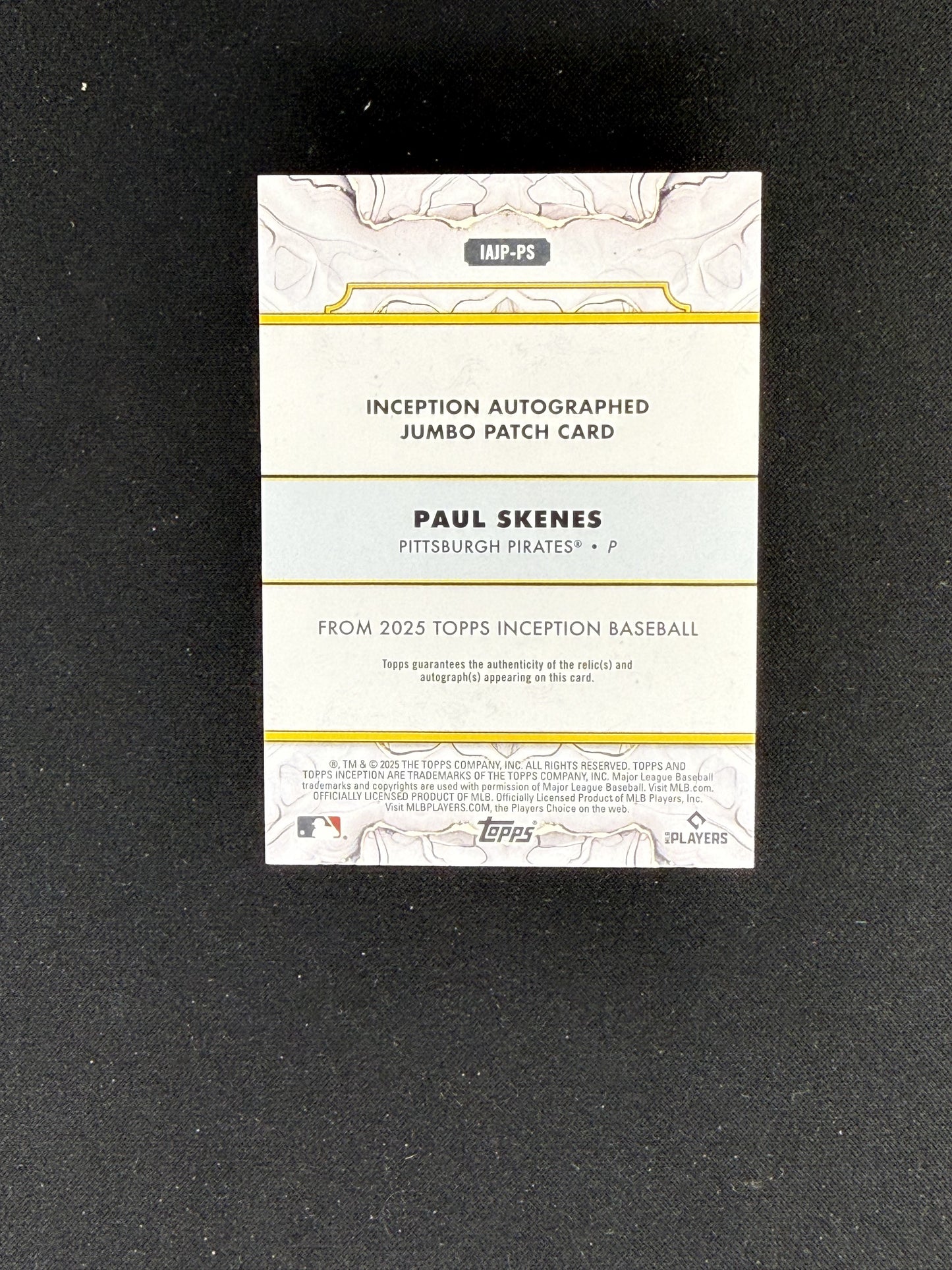 2025 Topps Inception Paul Skenes Inception Autograph Jumbo Patch Gold #/50