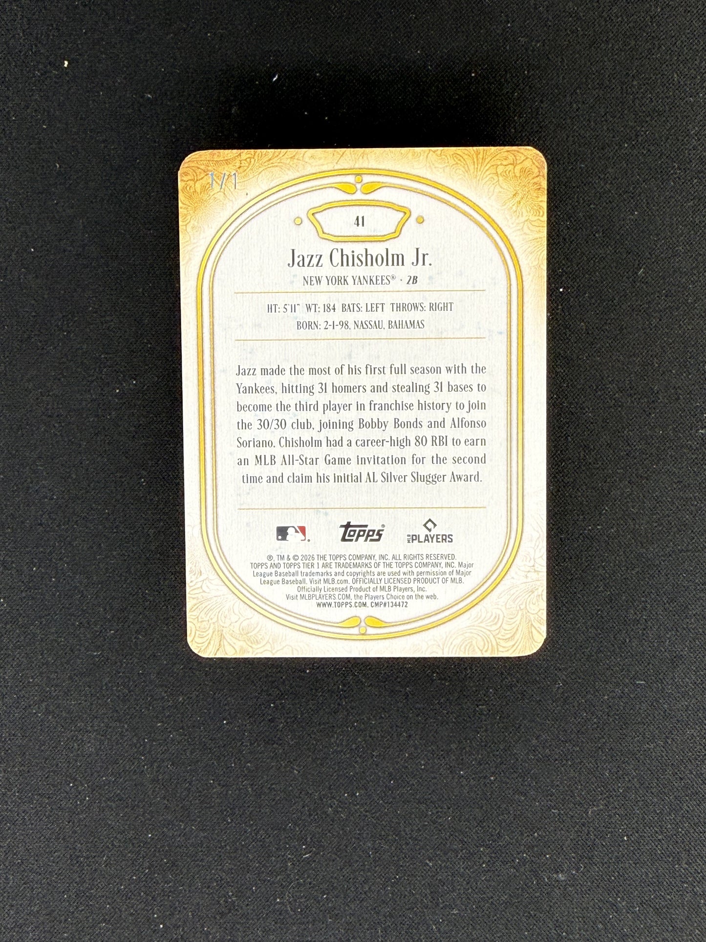 2026 Topps Tier One #41 Jazz Chisholm Jr. Printing Plates Black #/1