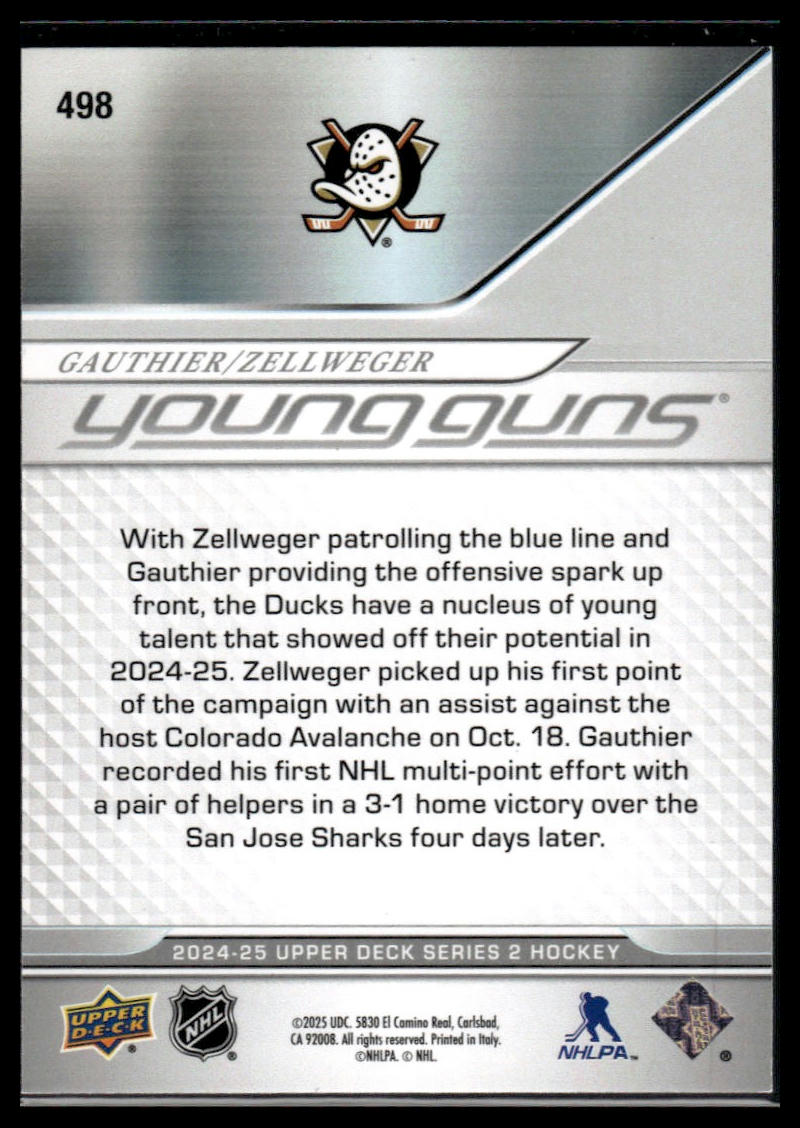 2024-25 Upper Deck #498 Olen Zellweger / Cutter Gauthier