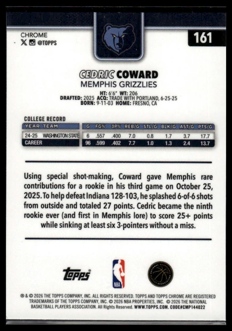 2025-26 Topps Chrome Update #161 Cedric Coward