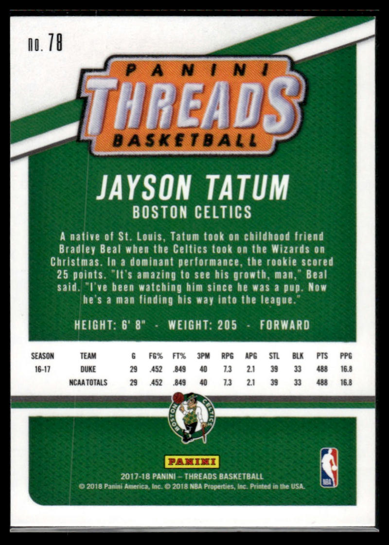 2017-18 Panini Threads #78 Jayson Tatum