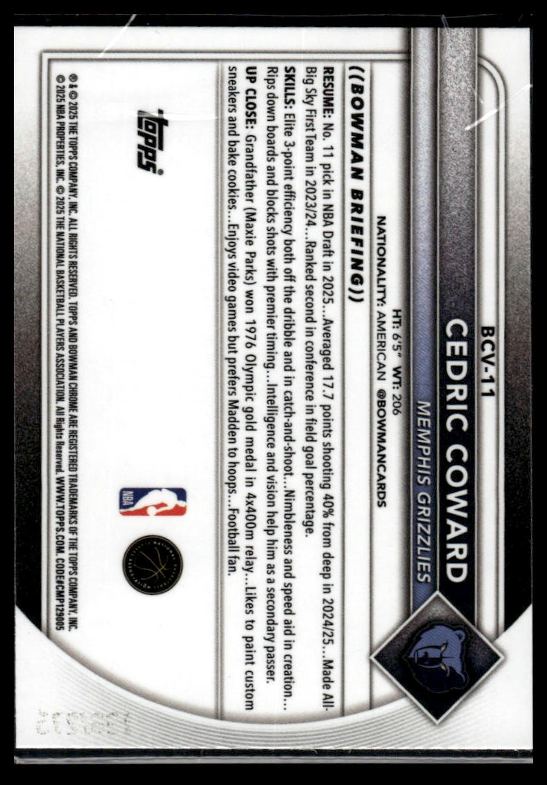 2025-26 Bowman #BCV-11 Cedric Coward Chrome Burgundy Mojo Refractors #/275