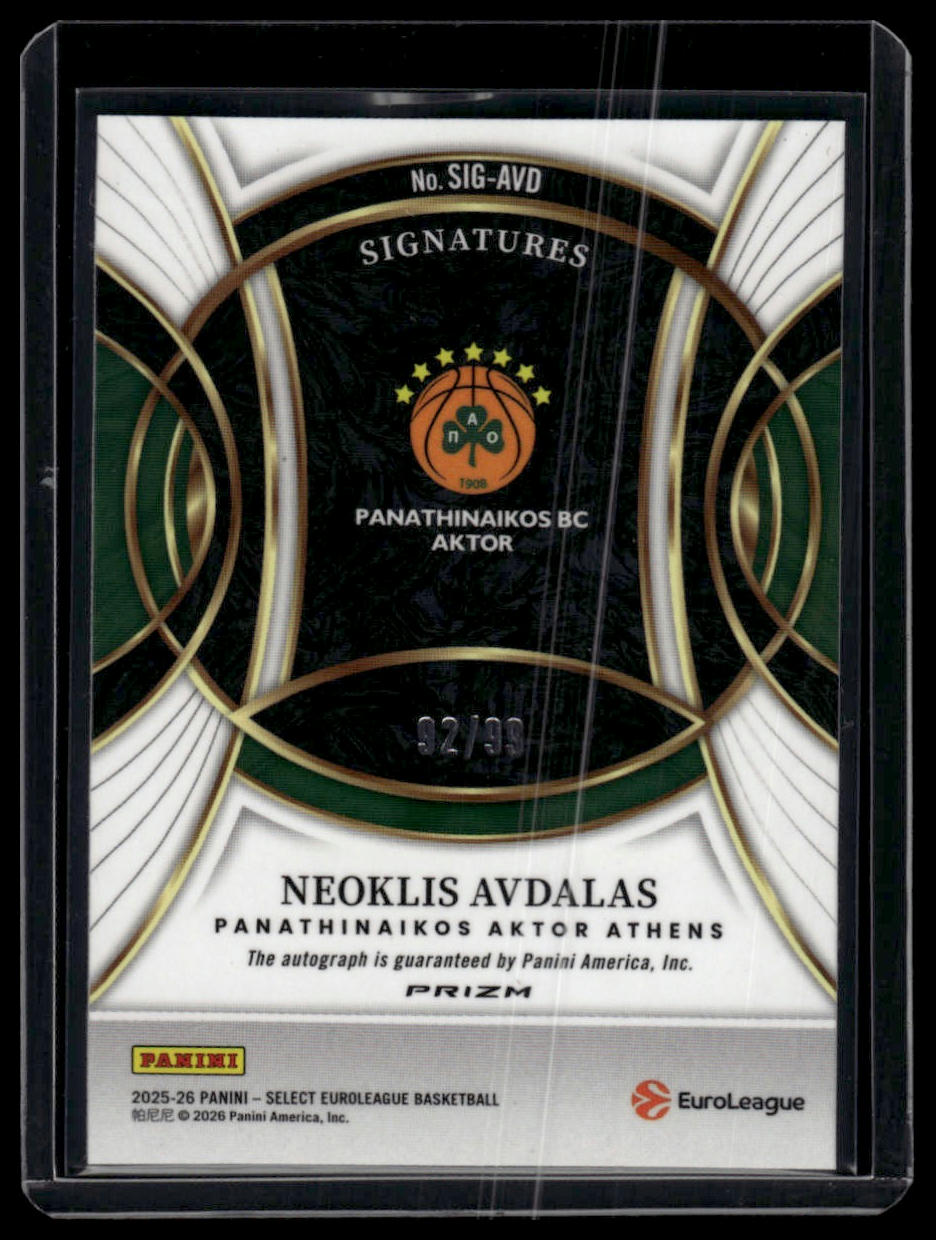 2025-26 Panini Select Euroleague Signatures Neoklis Avdalas /99 Auto