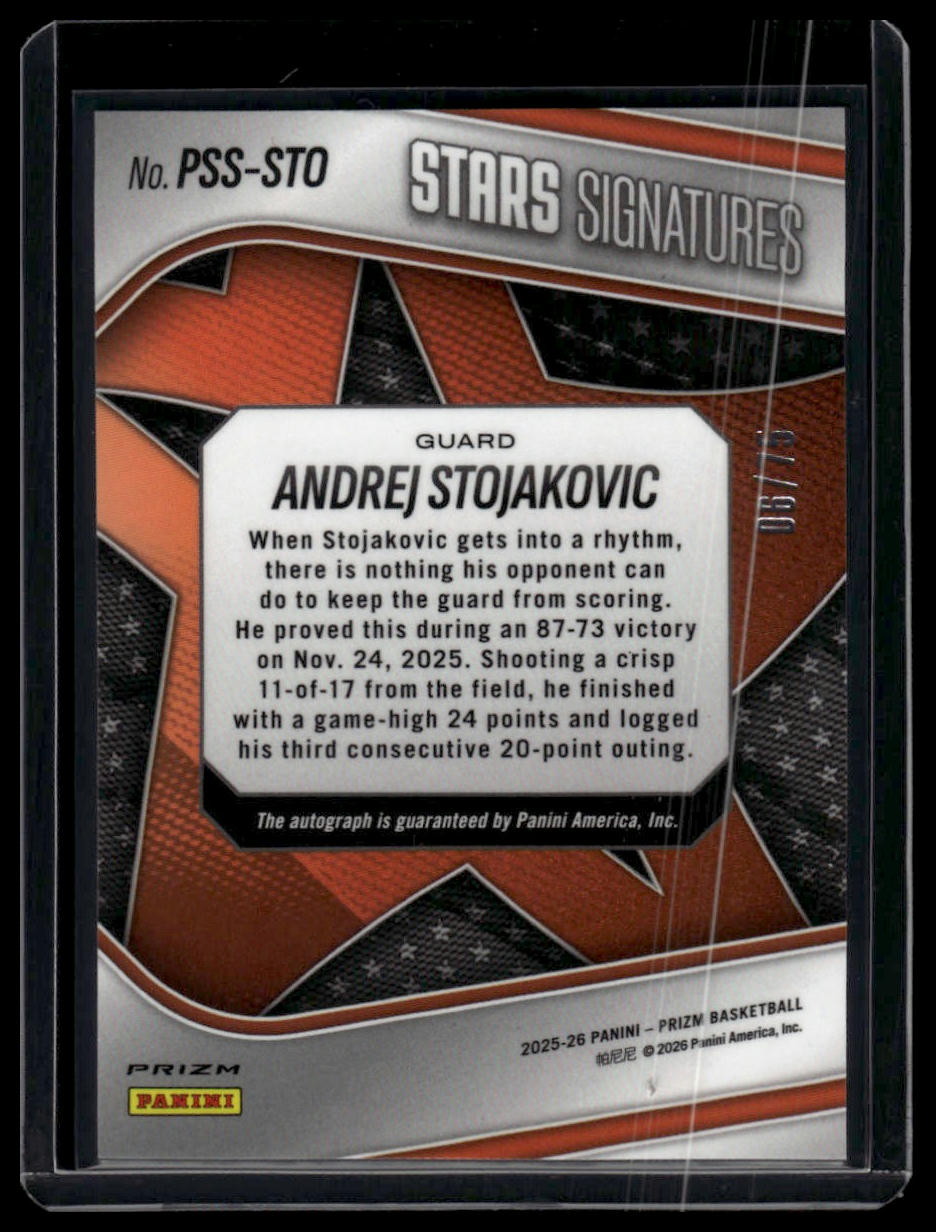 2025-26 Panini Prizm #85 Andrej Stojakovic Stars Auto Red /75