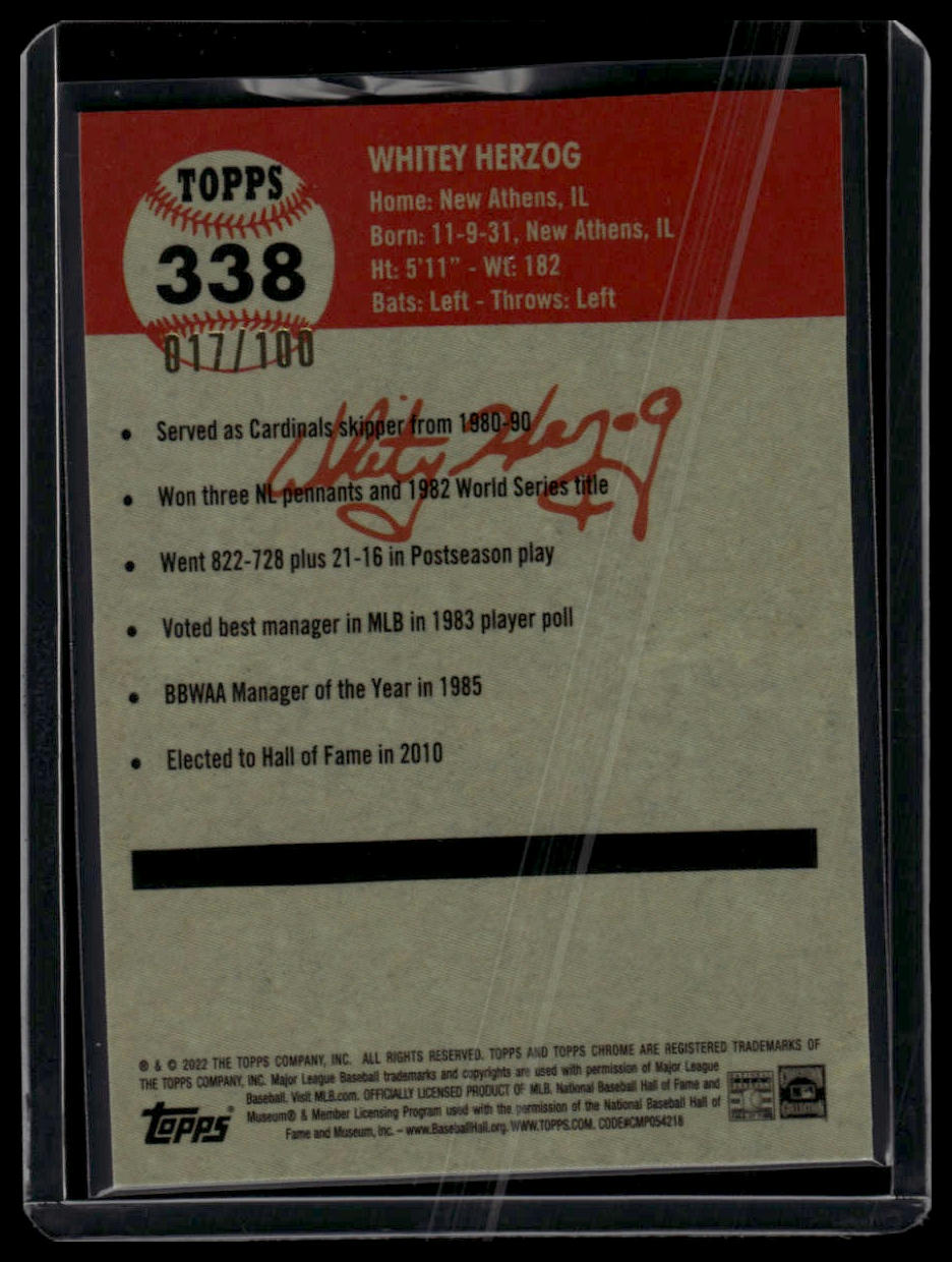 2022 Topps Chrome Platinum Anniversary #338 Whitey Herzog Fuchsia #/100