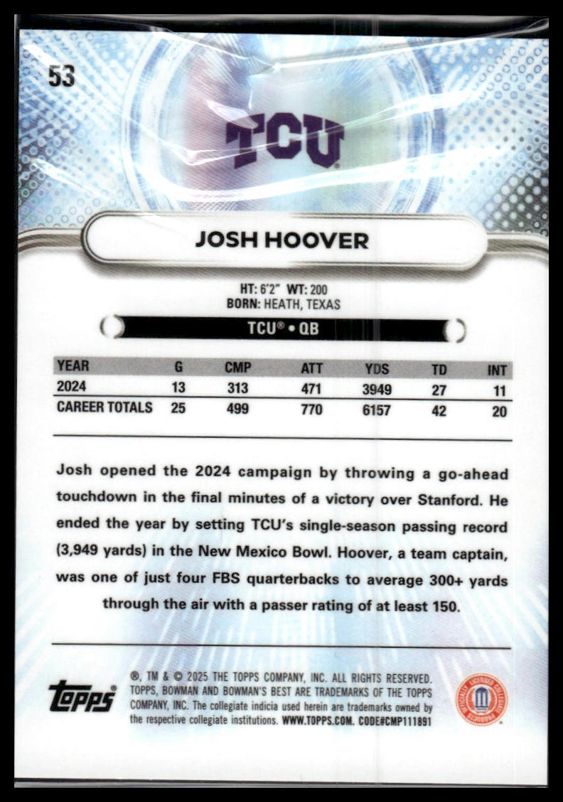2025 Bowman University Best #53 Josh Hoover Gold #/50