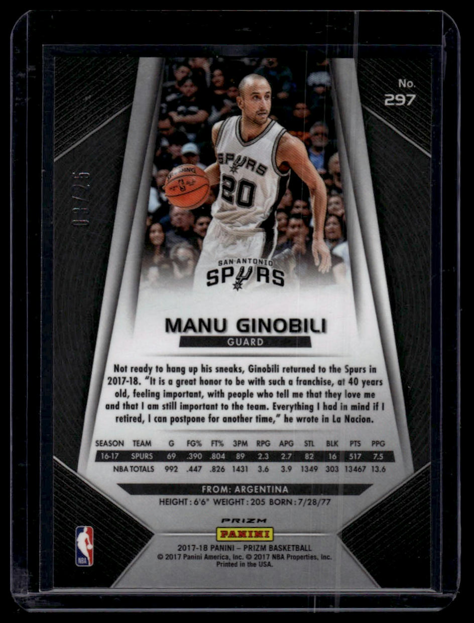2017-18 Panini Prizm #297 Manu Ginobili Prizms Red Pulsar #/25